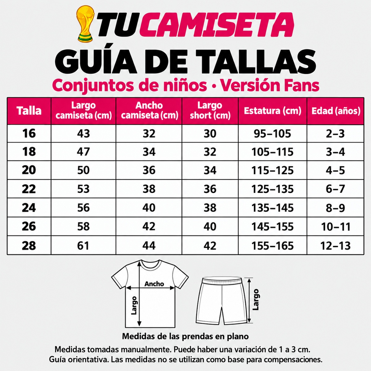 Guia de tallas Tu Camiseta: conjuntos de ninos, version Fans, tallas 16 a 28.